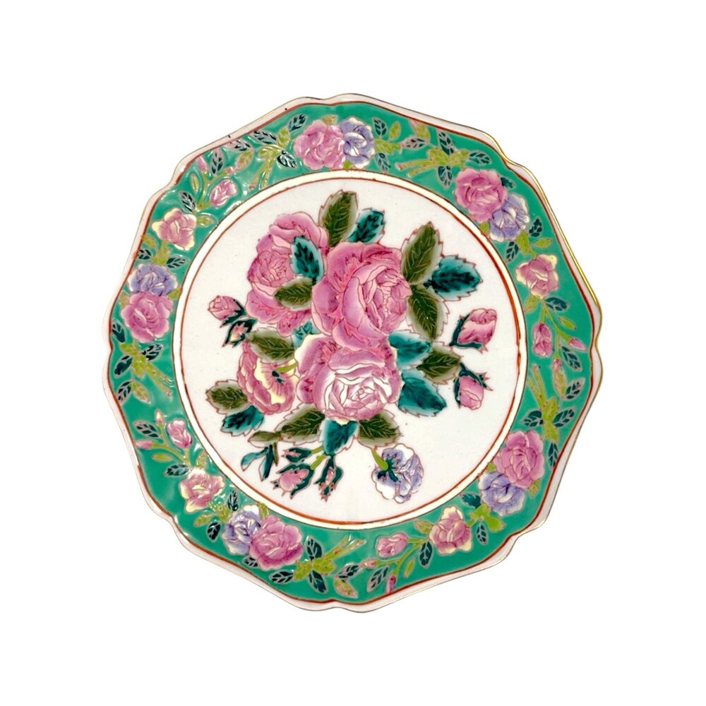 Vintage Chinoiserie Famille Rose Porcelain Plate Pink Roses Floral Hand Painted